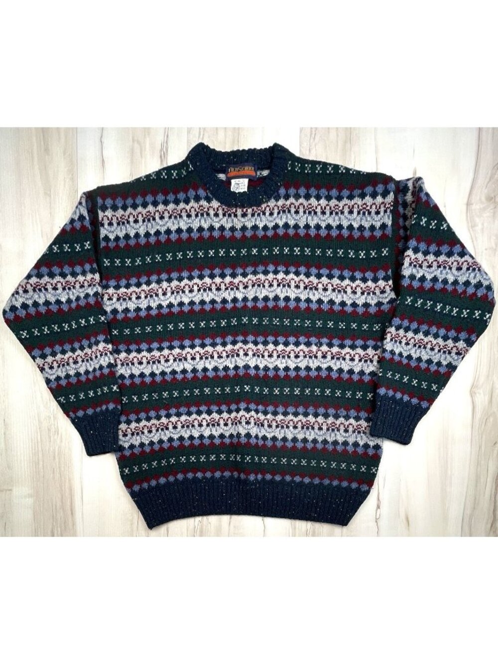 VTG OLD SCHOOL Mens XL 100% Wool Green/Navy Fair Isle Pullover SWEATER Grandpa